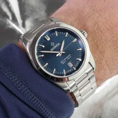 Monta Noble pièce unique with blue sunburst dial, on the wrist