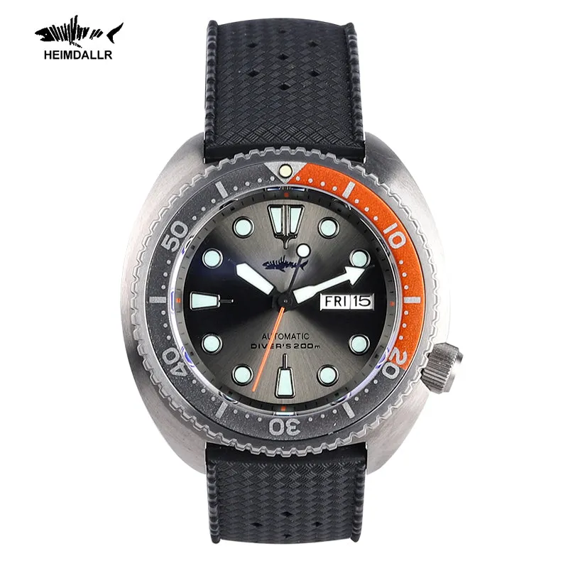 Heimdallr Titanium Mini Turtle with grey sunburst dial and grey and orange bezel on black rubber strap