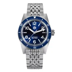 San Martin SN007-G-X1 with sunray blue numeral dial on beads-of-rice bracelet