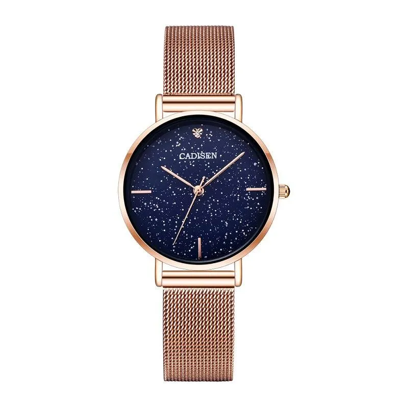 Cadisen C2035 with dark blue glittering starry-sky dial in a rose gold-tone case on a mesh bracelet
