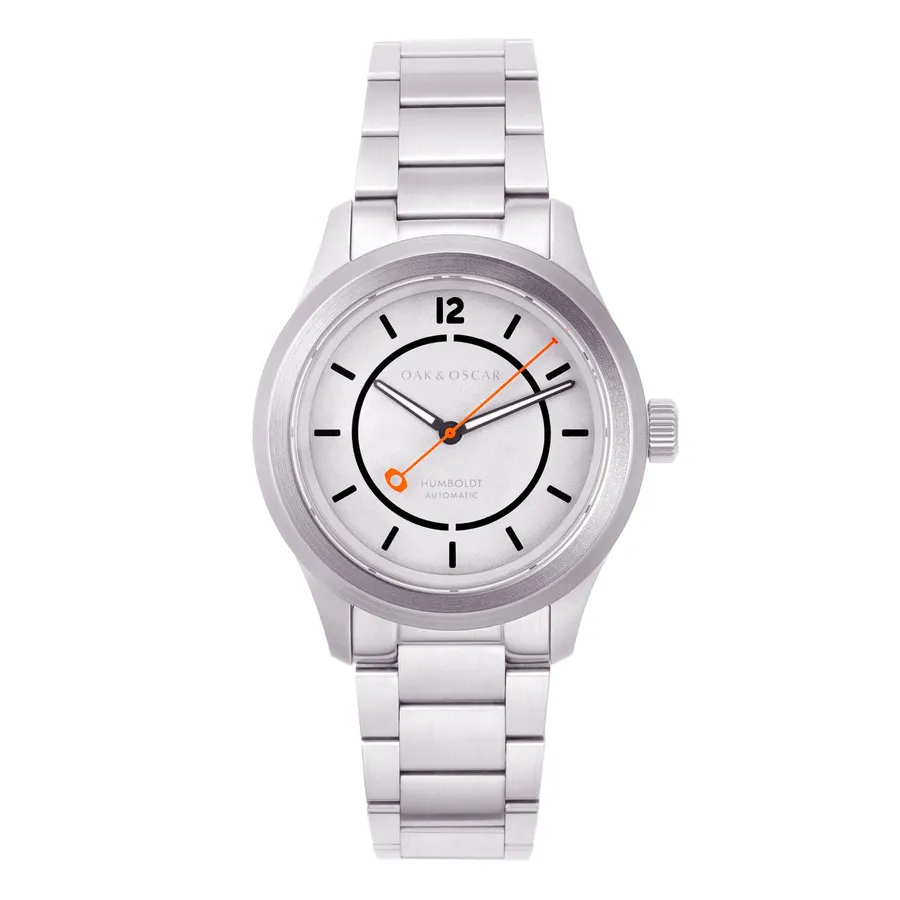 Oak & Oscar Humboldt ExP-02, laser-cut matte grey dial, fixed steel bezel, on steel bracelet