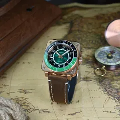 Aquatico Super Charger Bronze GMT with green sunray dial and green and black 24-hour bezel, on brown leather strap