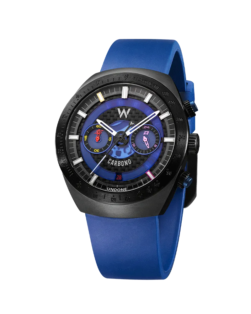 Undone x Atlassian Williams Racing Carbono chronograph with black-coated case, black tachymeter bezel and blue and carbon-textured dial on a blue rubber strap
