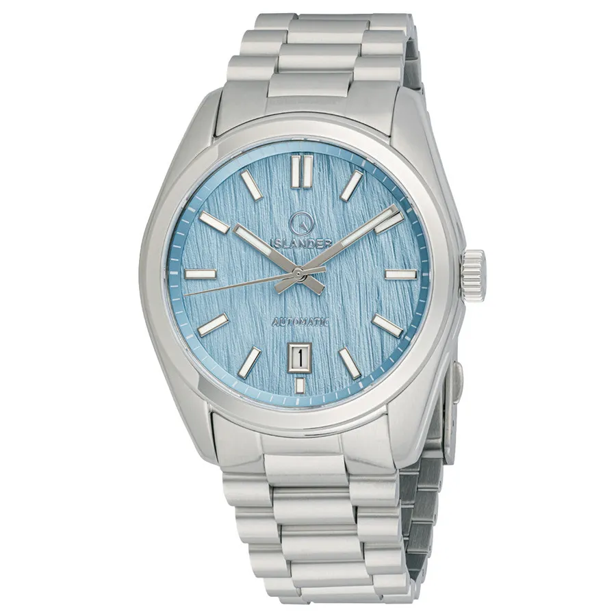 Islander Upper Brookville with icy blue birch-texture dial, date at 6 and 3-link steel bracelet