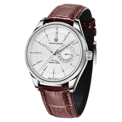 Pagani Design PD-1689 with steel case and white dial on brown leather strap