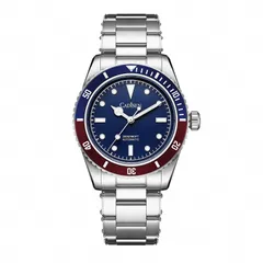 Cadisen C8206 with blue dial and blue-and-red bezel on a steel bracelet