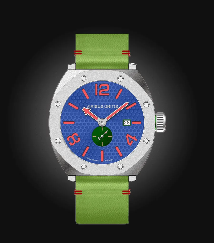 Viribus Unitis IR36 Vintage, bead-blasted steel case, blue dial with pale red lume, on green leather strap