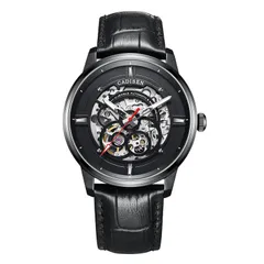 Cadisen C8161 skeleton automatic with black skeleton dial, red seconds hand and black case on a black leather strap