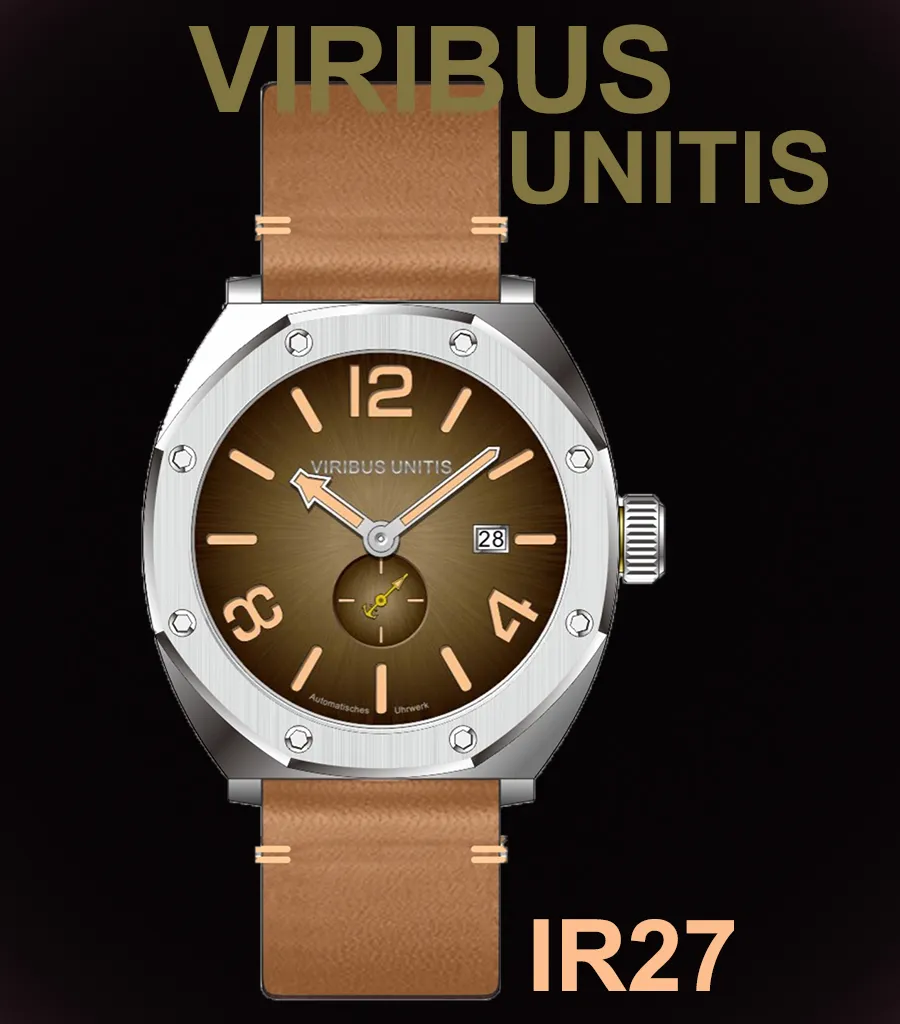 Viribus Unitis IR27, polished steel case, brown sunburst dial with date, on brown leather strap