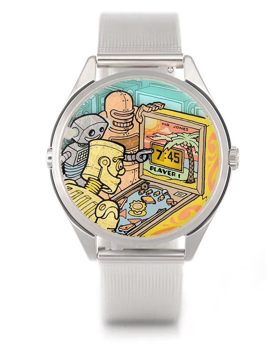 Mr Jones Ricochet, three gilded robots playing pinball with the time on the scoreboard, steel case on steel mesh, front view