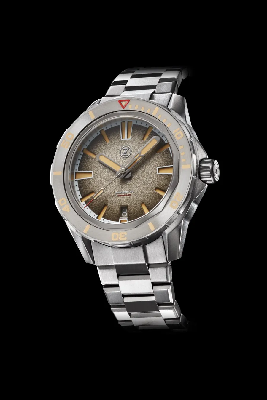 Zelos Swordfish 40mm Ti Desert Sand, beige sand-textured dial and titanium bezel insert, on titanium bracelet