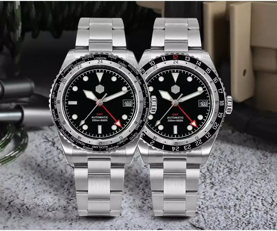 San Martin SN0112-G GMT with world time and black GMT bezels on steel bracelets