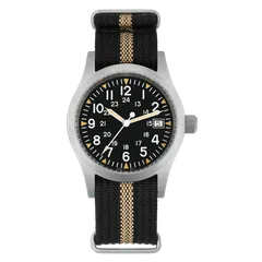 Militado ML05 (Ronda 515) with black field dial without logo and date at 3 on black nylon strap with a khaki stripe
