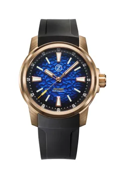 Zelos Aurora Field 38mm in bronze, hammered midnight blue fumé dial, on black rubber strap