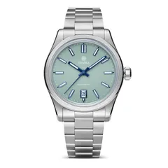 Traska Commuter 38 Date, seafoam green lacquered dial, front view