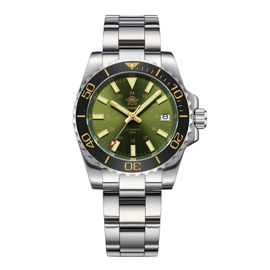 Addiesdive AD2086 with green dial, baton hands and black ceramic bezel with gold-tone numerals on a three-link bracelet