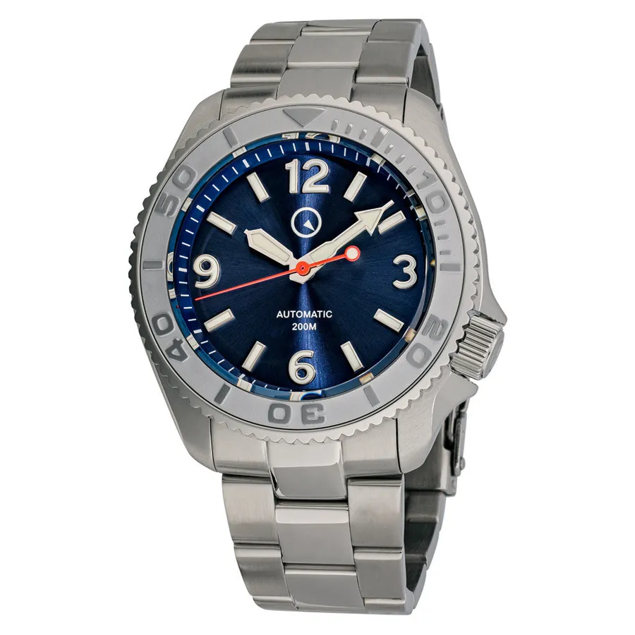 Islander Red October V2 with sunburst blue dial, Arabic numerals and grey embossed ceramic bezel on steel bracelet