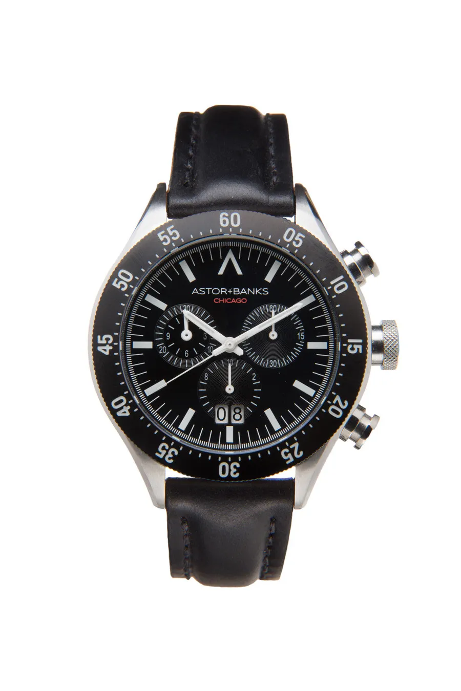 Astor+Banks Chrono, black dial, black bezel, steel case, on black leather strap
