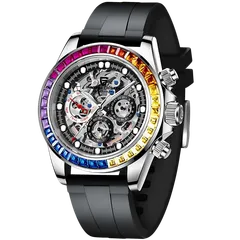 Pagani Design PD-1653 with rainbow stone-set bezel on black rubber strap