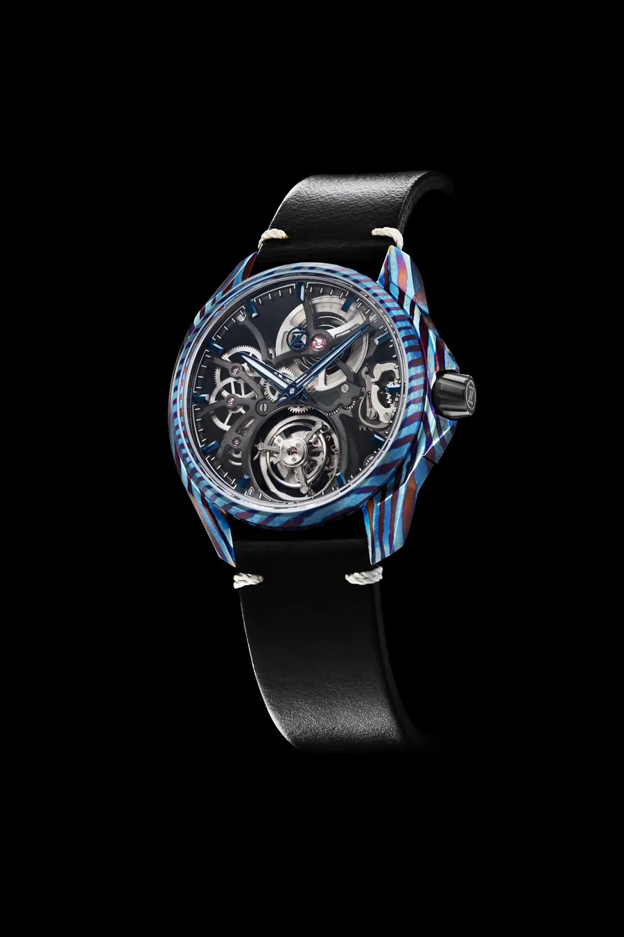 Zelos Mirage Tourbillon in blue Ti-Damascus, skeletonised movement with flying tourbillon at 6, on black leather strap