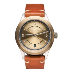Oak & Oscar Humboldt Seven Year, turned brass-toned dial with date at 6 and hand-cut brass bezel, on brown leather strap