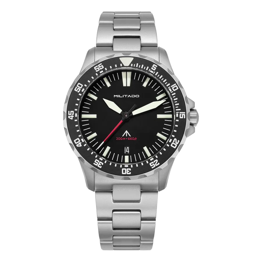 Militado ML16 (Ronda 515) with black dial, date at 6 and black ceramic bezel insert on steel bracelet