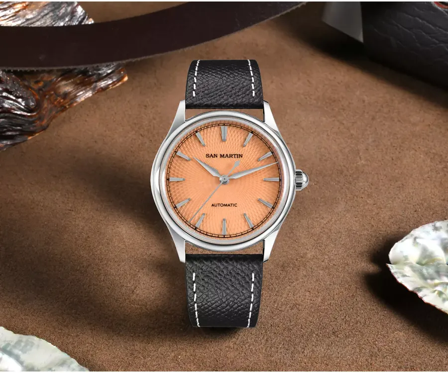 San Martin SN0110A-1 37mm with salmon guilloché-pattern dial on black leather strap