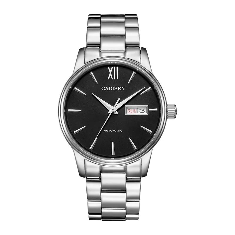 Cadisen C1032M with black dial, Roman numerals and day-date window on a steel bracelet
