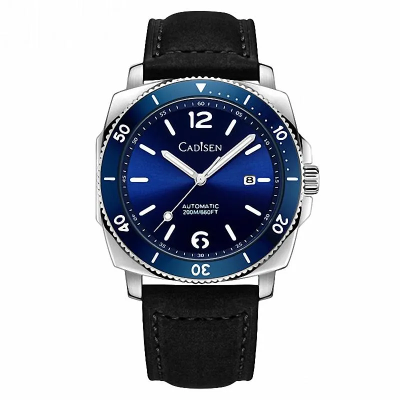 Cadisen C8199 cushion-case diver with blue sunburst dial, blue 60-minute bezel and date at 3 on a black leather strap