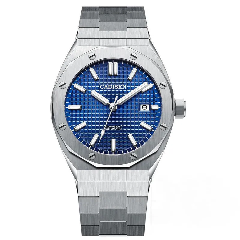 Cadisen C8193 Royal Oak-style automatic with blue grid-pattern dial on the integrated steel bracelet