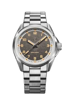 Zelos Swordfish Field 38mm in steel, grey stonewashed titanium dial with patina lume, on steel bracelet