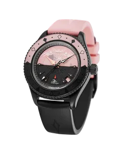 Undone x hololive Party2Gether Mori Calliope with black-coated Basecamp case and pink and black half-and-half dial on a black and pink strap