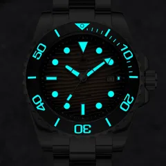 Addiesdive AD2537 in the dark, hands, markers and the full bezel scale glowing blue