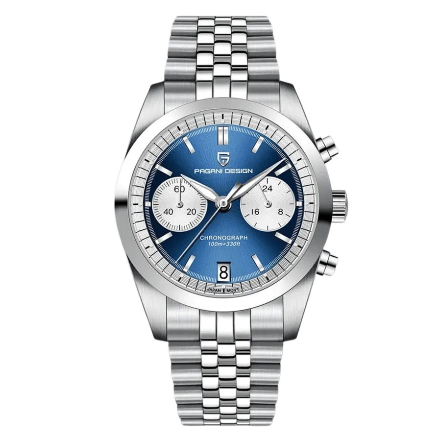 Pagani Design PD-1775 chronograph with blue dial and silver sub-dials on five-link bracelet