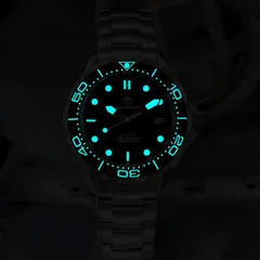 Addiesdive AD2106 BGW9 version lume shot, dial and bezel glowing blue