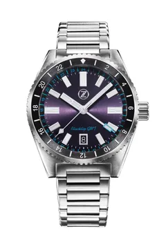 Zelos Blacktip 200m GMT Purple Ti, purple PVD-coated titanium dial and black 24-hour ceramic bezel, on steel bracelet
