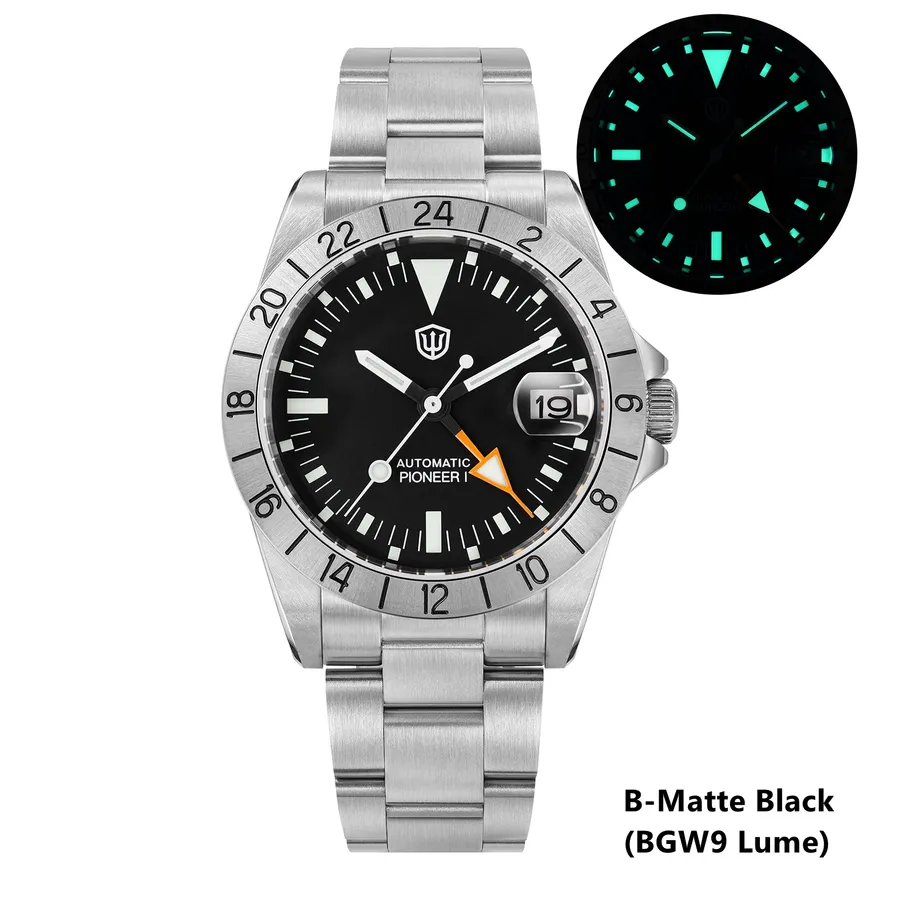 Watchdives WD16570 V2 with matte black dial, orange GMT hand and fixed 24-hour bezel, with lume shot