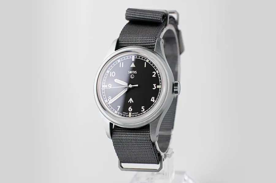 Timefactors Smiths Military PRS-29A, black military dial with white numerals and broad arrow, on grey NATO strap