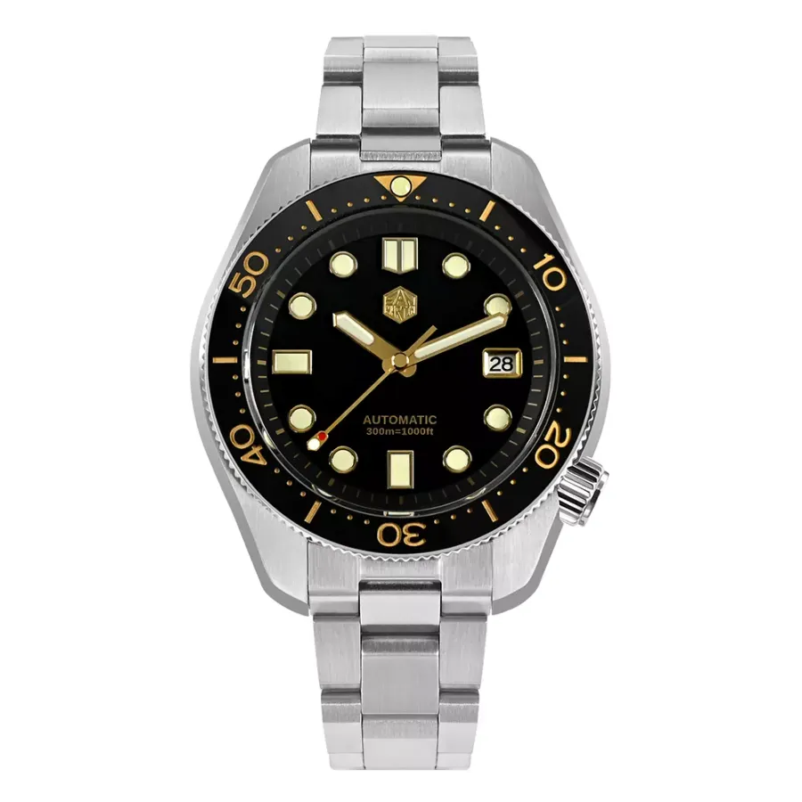 San Martin SN087-G with black gilt dial and date on brushed bracelet