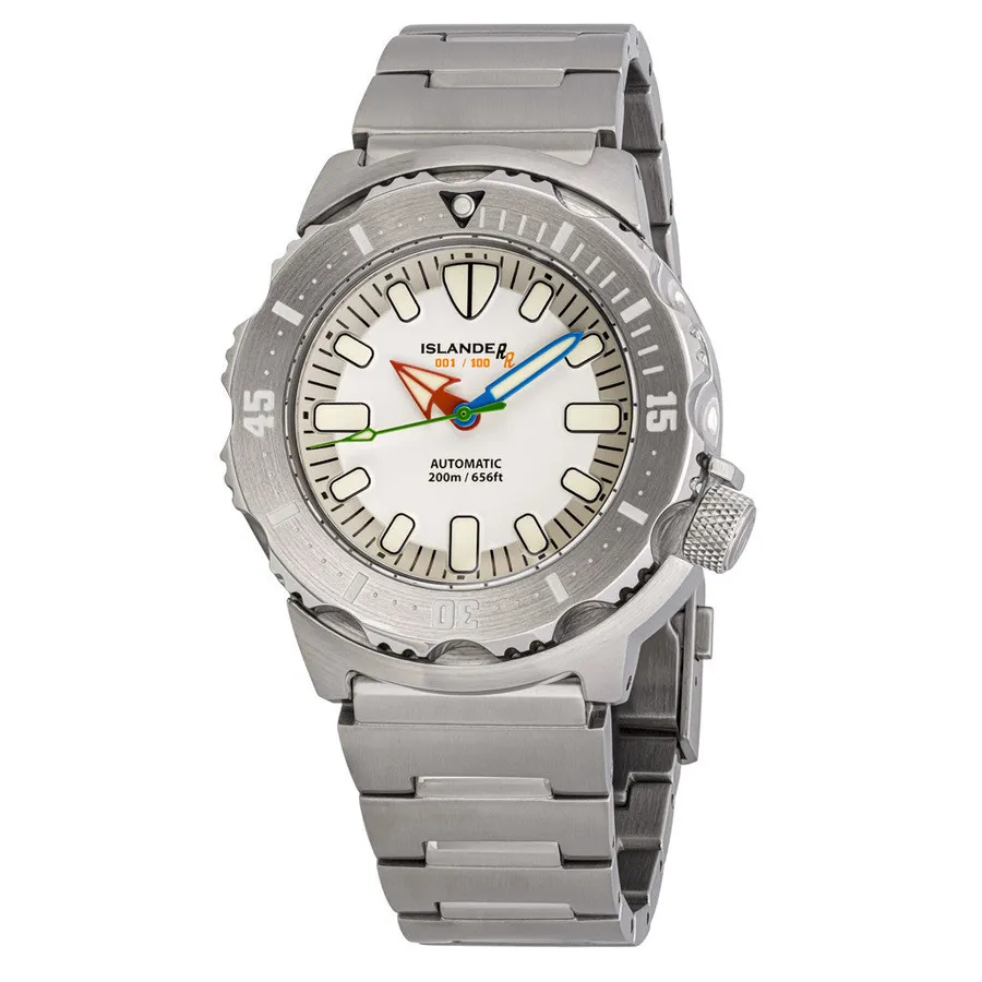 Islander Random Monster serial 001 with white dial, multicoloured hands, 001/100 dial print and toothed steel bezel on steel bracelet