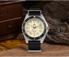 San Martin SN0123-B3 with cream dial and black 12-hour bezel on black nylon strap