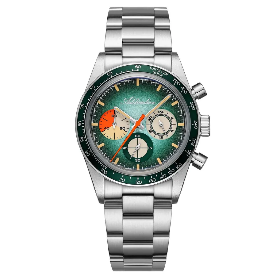 Addiesdive AD2551 chronograph with green gradient dial, green tachymeter bezel and three-link bracelet