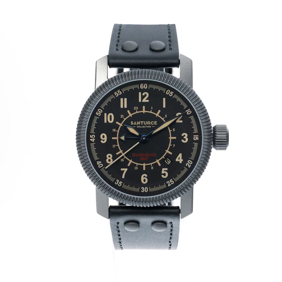 Santurce Collection Guaraguao True GMT, 42mm coated grey case, black dial with inner 24-hour scale and date window, on black riveted leather strap