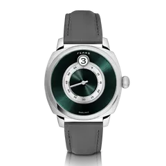 Fears Brunswick 40.5 Jump Hour Boutique Edition with Mallard Green dial on a grey leather strap
