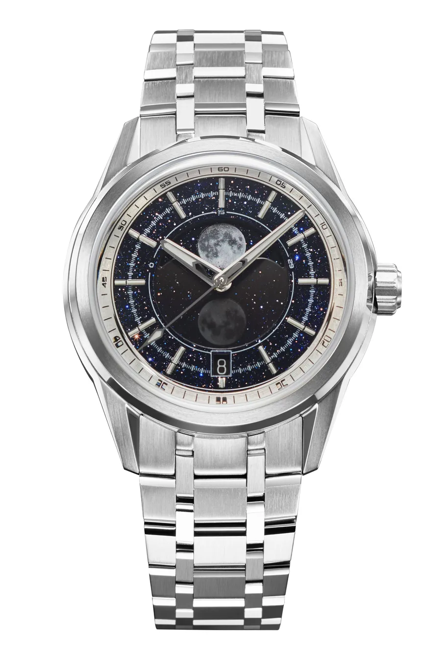 Zelos Helica Moonphase Aventurine, aventurine dial with panoramic moon phase and date at 6, on faceted steel bracelet