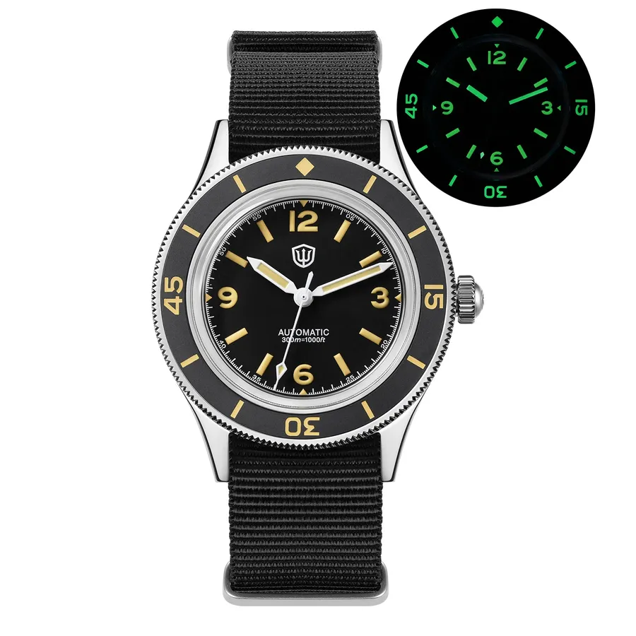 Watchdives WD50FK V3 with black dial, vintage C3 lume and polished case on a black nylon strap, with lume shot