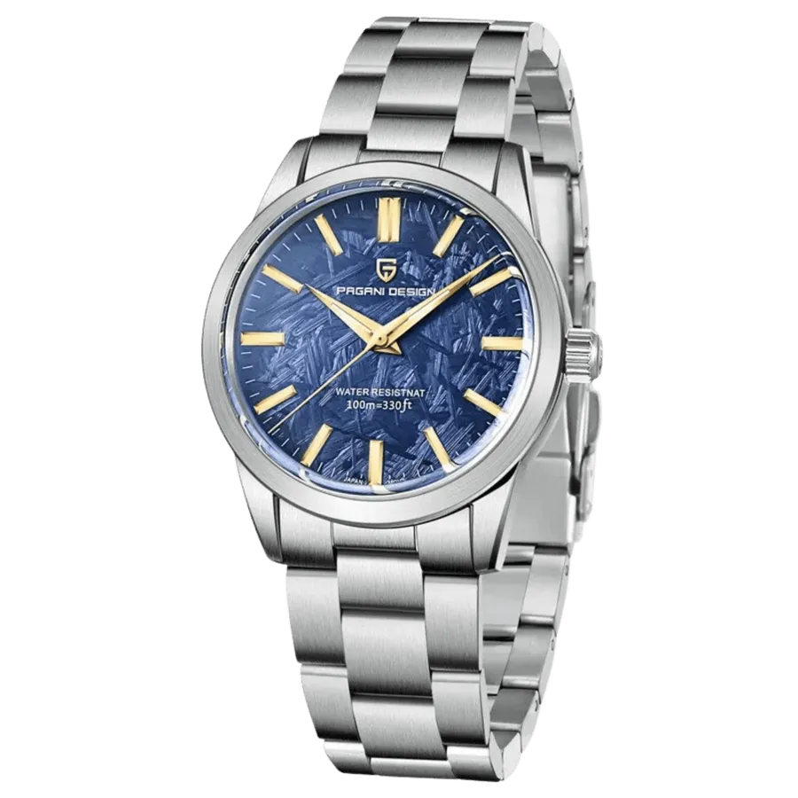 Pagani Design PD-1734 with blue textured dial and gold-tone indices on Oyster-style bracelet
