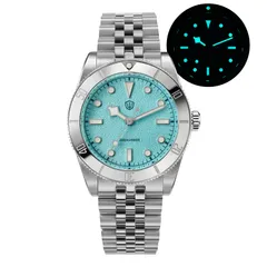 Watchdives WD7922 with light blue dial and steel bezel on the 5-link bracelet, with lume shot