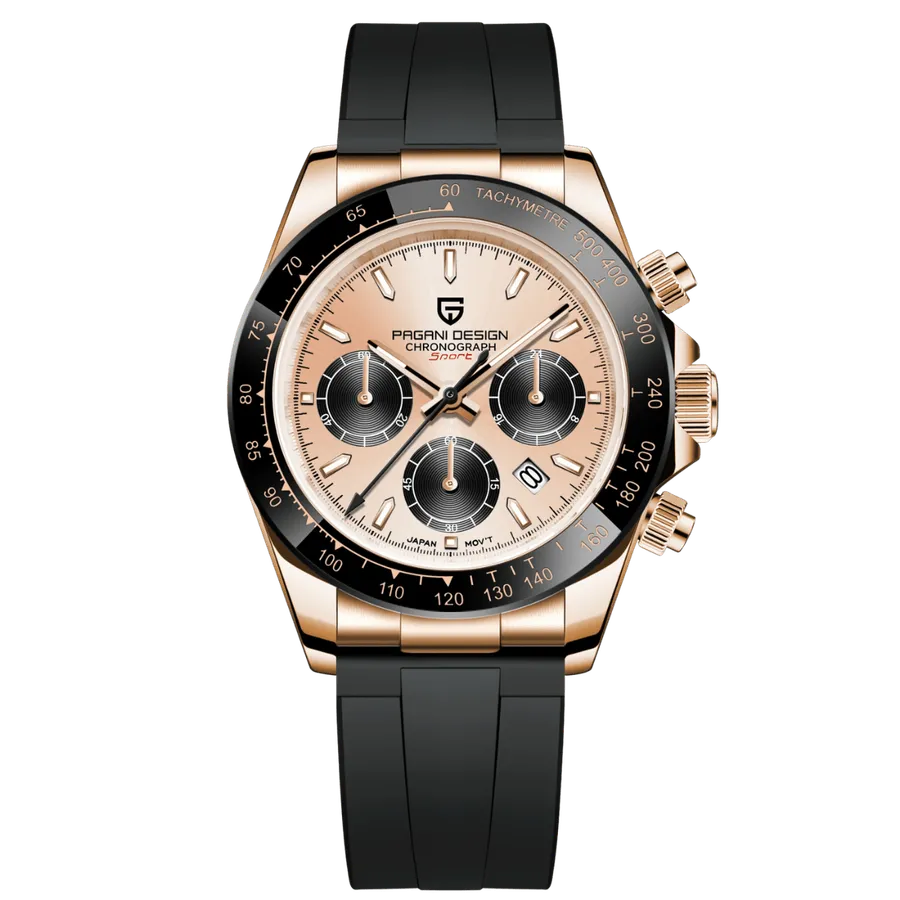 Pagani Design PD-1664 Daytona-style chronograph with rose-gold-tone case, champagne dial and black bezel on black rubber strap