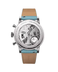 Undone Urban Stellar Tiff Blue see-through caseback showing the VK64 movement